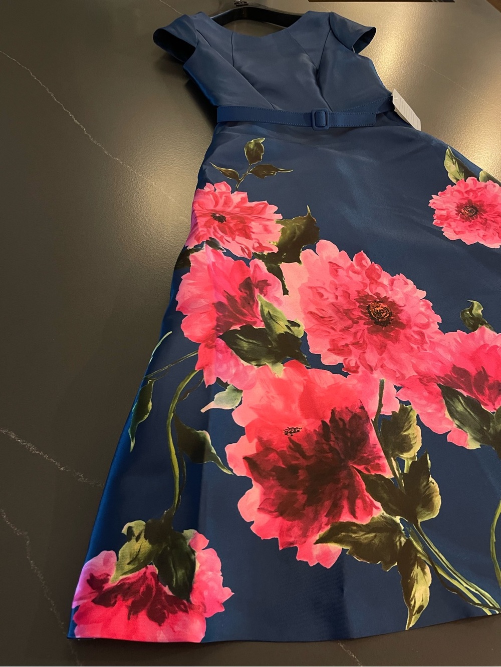 NEW Kay Unger Ina Tea Length Dress Vibrant Peony Blue Pink A-line cocktail 4 - Picture 6 of 14